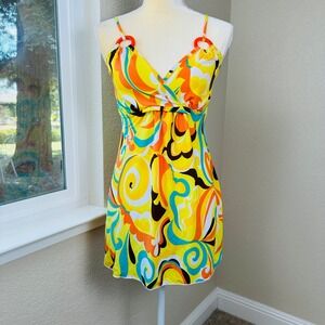 Wet Seal Mini Dress Womens M Yellow Retro Print Sleeveless Y2K Party Groovy